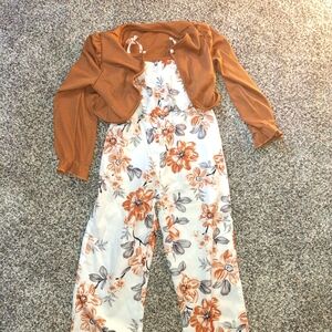 7 Girls Outfits Floral Jumpsuit with Brown Cardigan